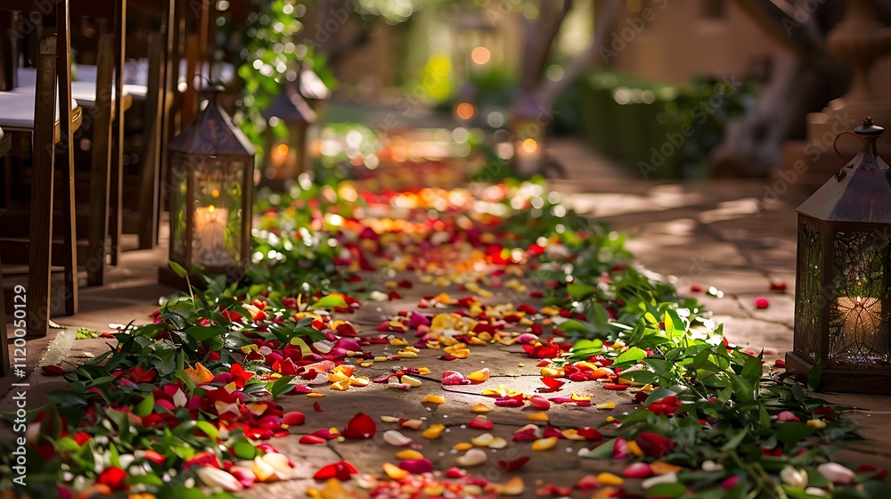 Romantic wedding aisle decor with rose petals, greenery, and rustic lanterns, adding charm and elegance to the ceremonial pathway Romantic wedding aisle decor with rose petals, greenery, and rustic lanterns, adding charm and elegance to the ceremonial pathway