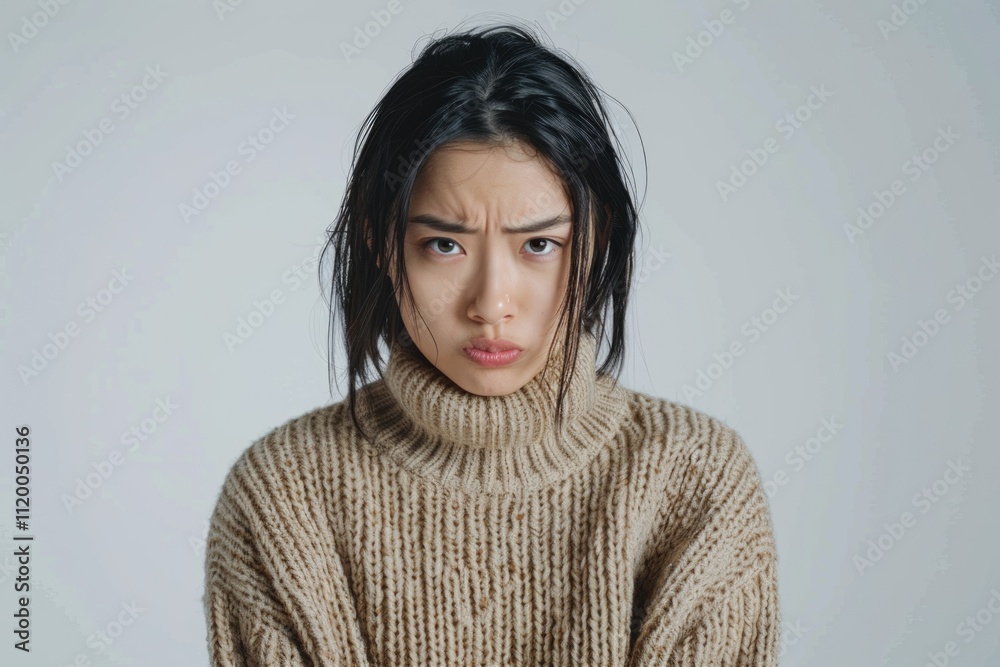 Asian woman in business attire with plaintive expression. Asian woman in business attire with plaintive expression.
