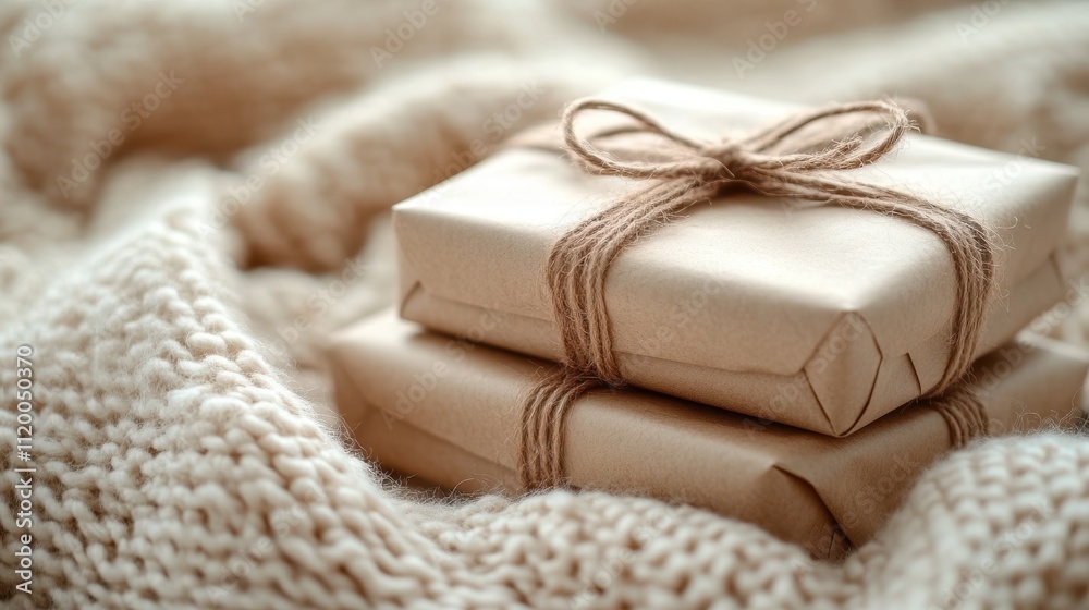 Rustic Gift Packages Tied with Twine on Cozy Knitted Blanket Background Rustic Gift Packages Tied with Twine on Cozy Knitted Blanket Background
