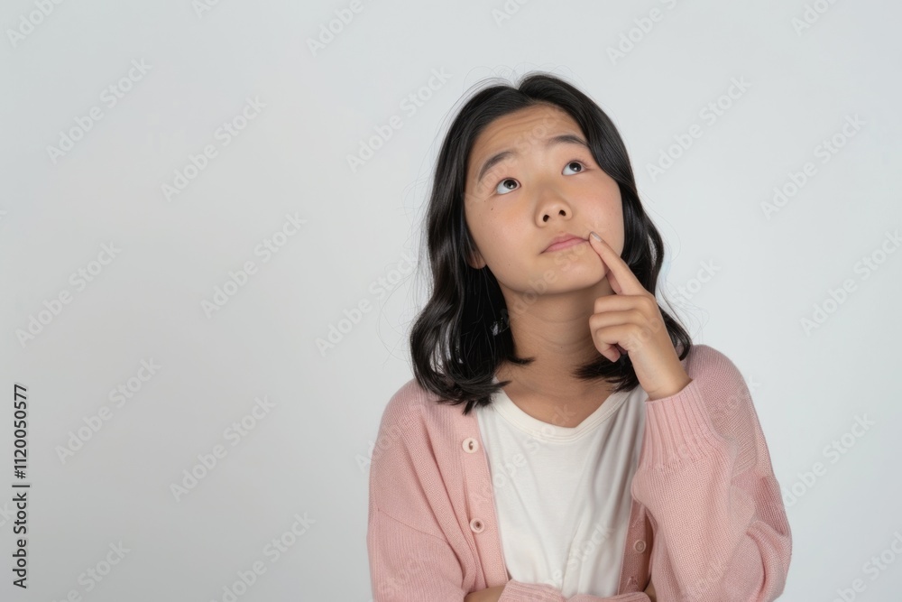 Young Asian girl in pink cardigan looks up thoughtfully. Young Asian girl in pink cardigan looks up thoughtfully.