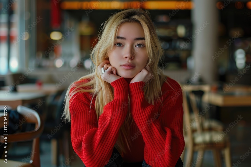 custom made wallpaper toronto digitalAsian girl with blond hair in red sweater in cafe portrait.