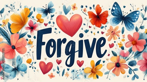 Blooming flowers and butterflies framing the word forgive symbolizing love and harmony