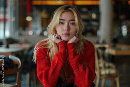 Wallpaper Mural Asian girl with blond hair in red sweater in cafe portrait. Torontodigital.ca