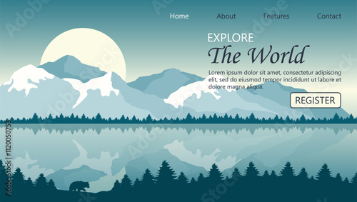 Winter holidays landing page template. Time to travel template with mountains