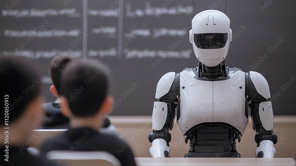 A humanoid robot teaching students in a modern classroom setting. A humanoid robot teaching students in a modern classroom setting.