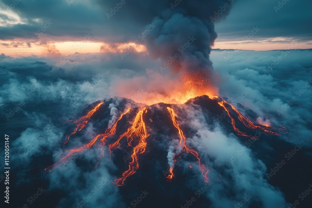 Fagradalsfjall volcano erupting with lava flowing down its slopes at sunset in iceland Fagradalsfjall volcano erupting with lava flowing down its slopes at sunset in iceland
