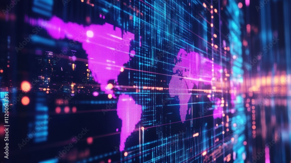 Obraz premium Abstract Futuristic digital world map with pixelated continents and flowing data streams, visualizing global communication and information exchange