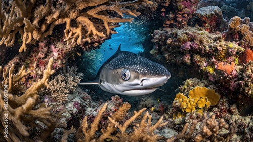 A close-up of a shark surrounded by vibrant coral reefs in a marine environment. photo