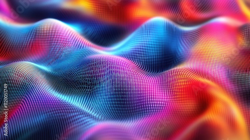 Abstract digital landscape with flowing neon pink and blue particles creating a futuristic and dynamic background