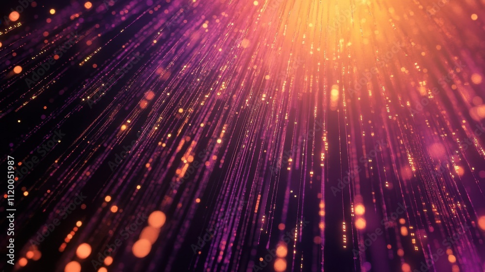Obraz premium Golden particles falling like rain with bokeh effect from a bright light source on a purple background, ideal for websites, presentations and motion graphics