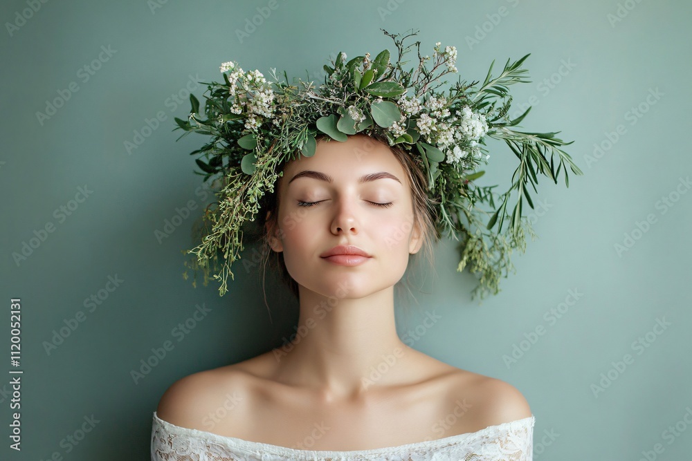 Serene model wearing a crown of herbs with closed eyes, embodying natural beauty and tranquility Serene model wearing a crown of herbs with closed eyes, embodying natural beauty and tranquility