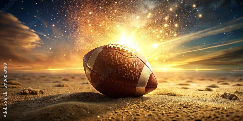 Football on Sandy Beach at Sunrise with Glowing Horizon Football on Sandy Beach at Sunrise with Glowing Horizon