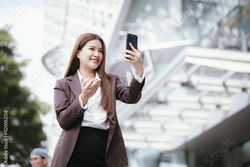 Elegant Asian woman in formal suit talking to someone or using mobile app on smartphone.