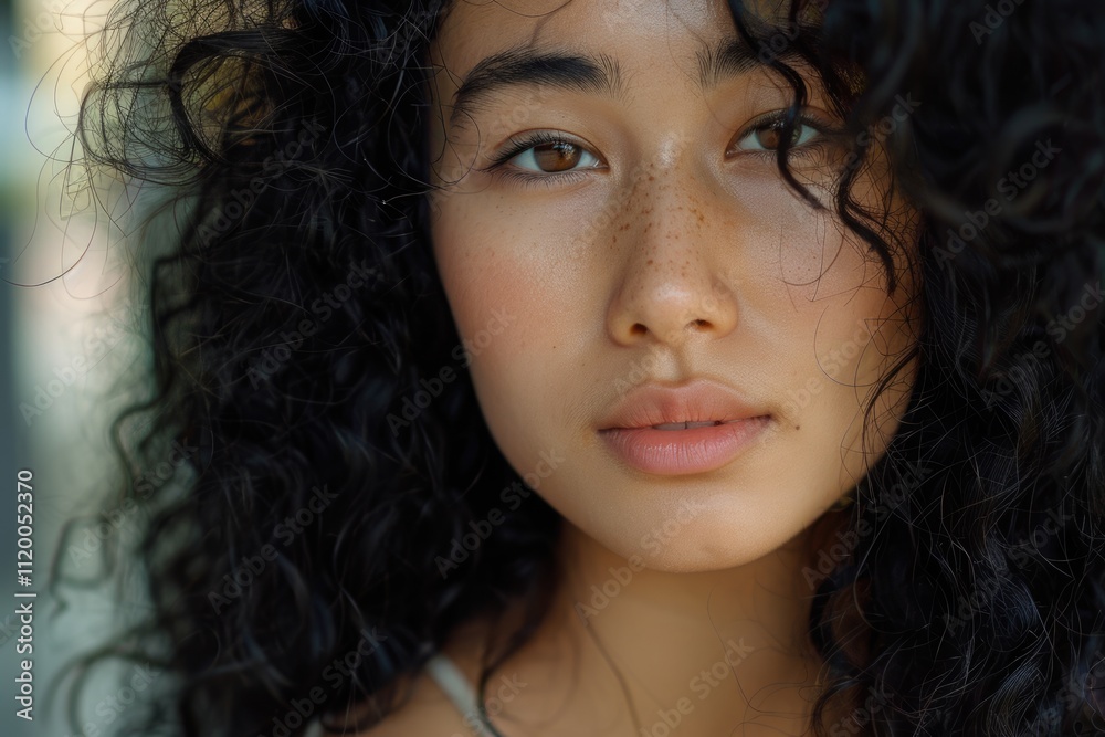 Close up portrait of attractive Asian girl with curly hair. Close up portrait of attractive Asian girl with curly hair.