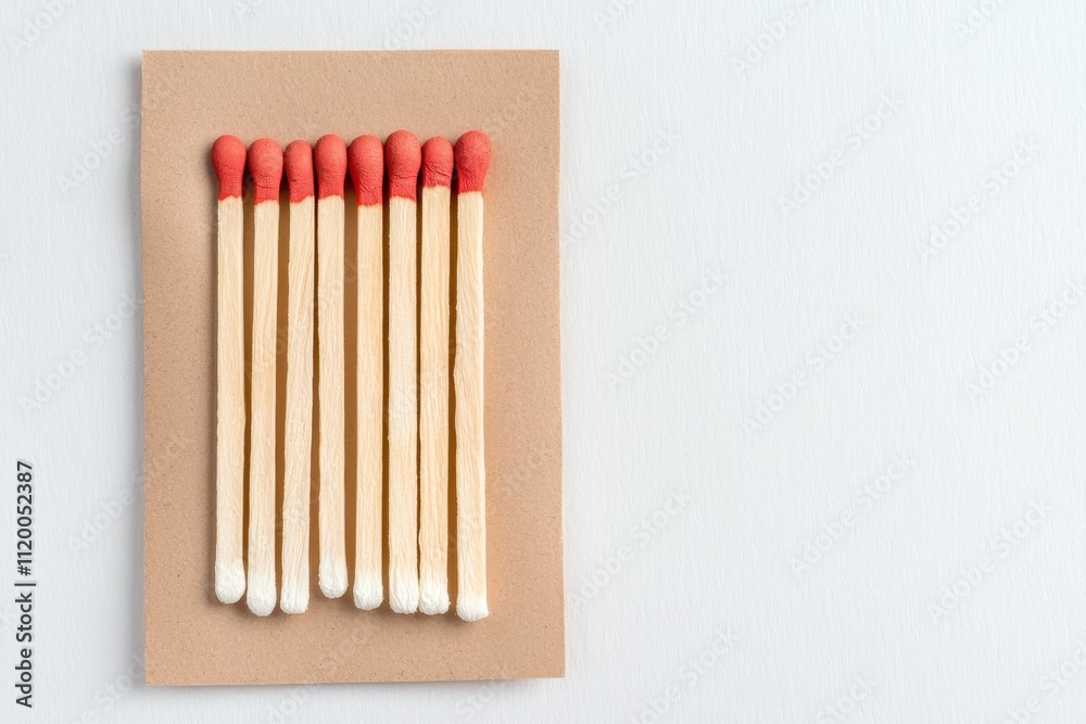 A burning match is positioned in the middle of a row of unlit, fresh matches. A burning match is positioned in the middle of a row of unlit, fresh matches.