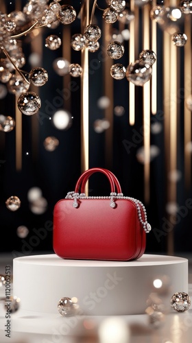 A striking red handbag is prominently displayed on a white pedestal, contrasting beautifully against a textured golden wall in an upscale boutique photo