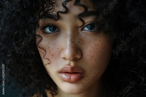 Close up portrait of attractive Asian girl with curly hair.