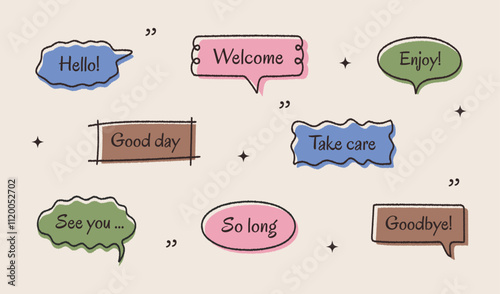 Hand-drawn crayon scribbles, doodle lines, and balloon frames for text titles. Set of vector colorful and mocha mousse color text boxes, speech bubbles, and comic clouds. Vector illustration.