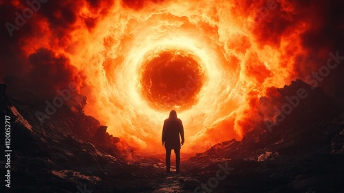 A lone figure stands before a fiery portal, surrounded by dark, rocky terrain, evoking a sense of awe and danger.