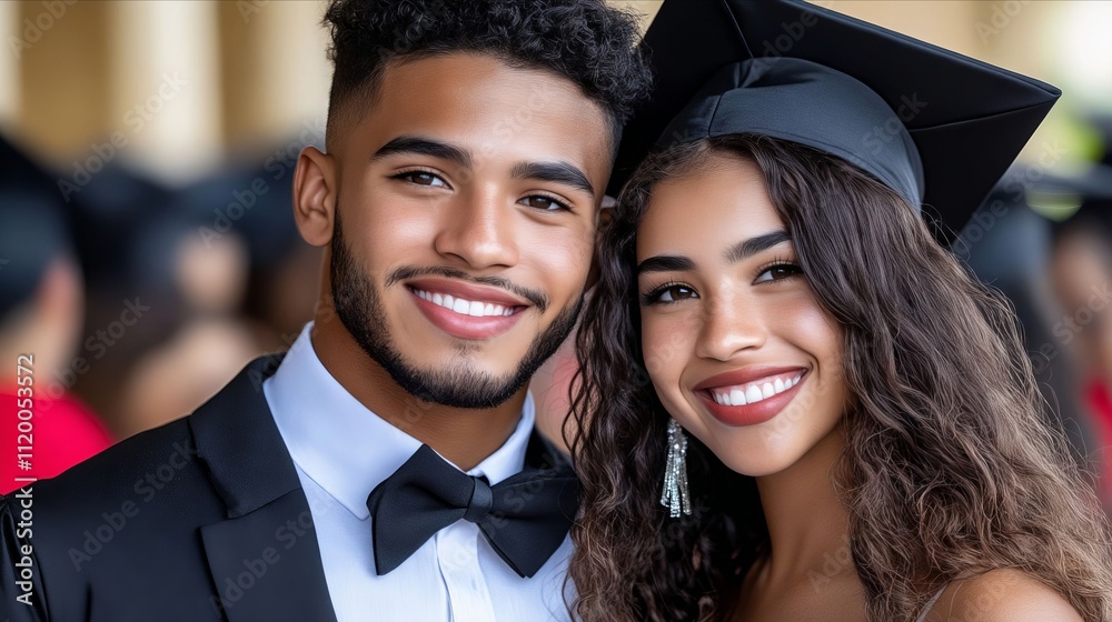 A man and a woman in graduation gowns pose for a picture A man and a woman in graduation gowns pose for a picture