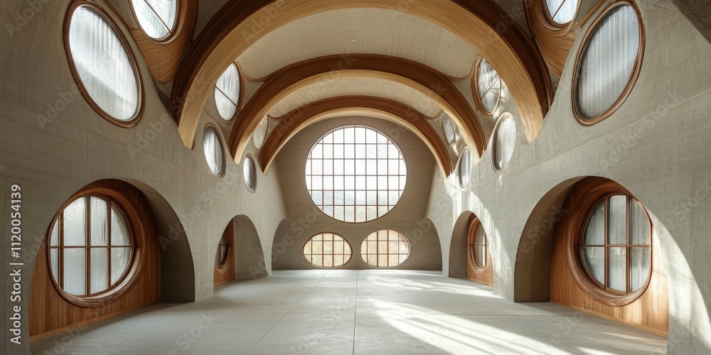 Obraz premium Stunning Architectural Interior Design: A Hall with Numerous Circular Windows and Wooden Arches