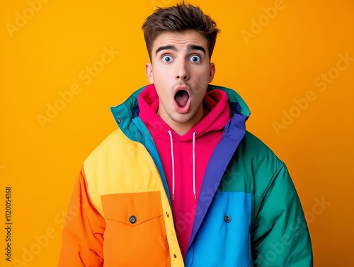 A man in a colorful jacket with a surprised look on his face