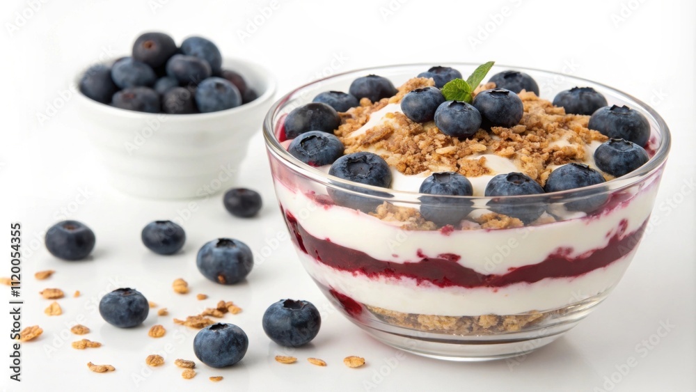 A clear glass bowl reveals a layered dessert made with creamy yogurt fresh blueberries and crisp granola. Each layer is distinct showcasing vibrant colors while a few whole berries A clear glass bowl reveals a layered dessert made with creamy yogurt fresh blueberries and crisp granola. Each layer is distinct showcasing vibrant colors while a few whole berries