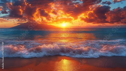 Vibrant Sunset Over Ocean Waves with Island Silhouette in Background