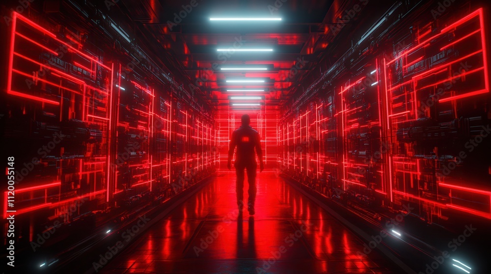 A dark corridor lit by vibrant red lights, featuring a silhouetted figure, creating an atmosphere of mystery and futuristic technology. A dark corridor lit by vibrant red lights, featuring a silhouetted figure, creating an atmosphere of mystery and futuristic technology.