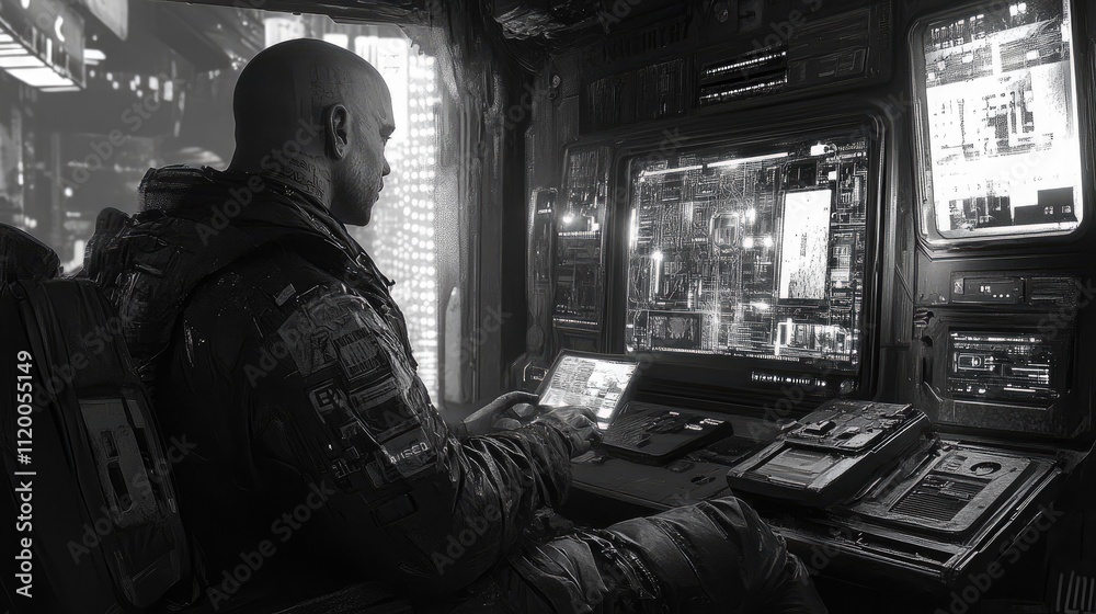 Obraz premium Futuristic Cyberpunk Soldier Operating Advanced Technology