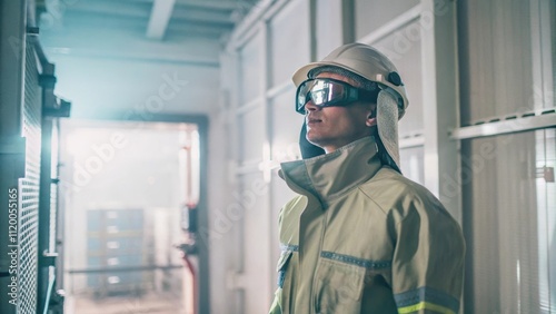 A worker in a protective environment wearing smart eyewear that not only provides safety features but also integrates a headsup display for enhanced visibility of critical data. photo