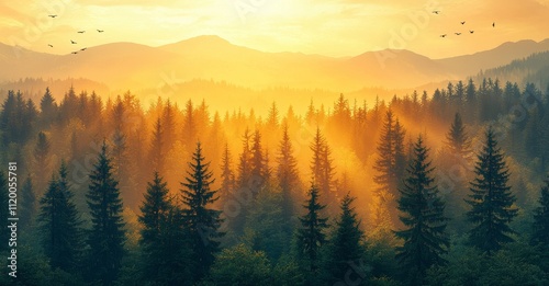 Artwork featuring vibrant landscapes, with golden, blue, and red mountains, a golden sun, and a tree on a 3D hill. Three framed canvas pieces.