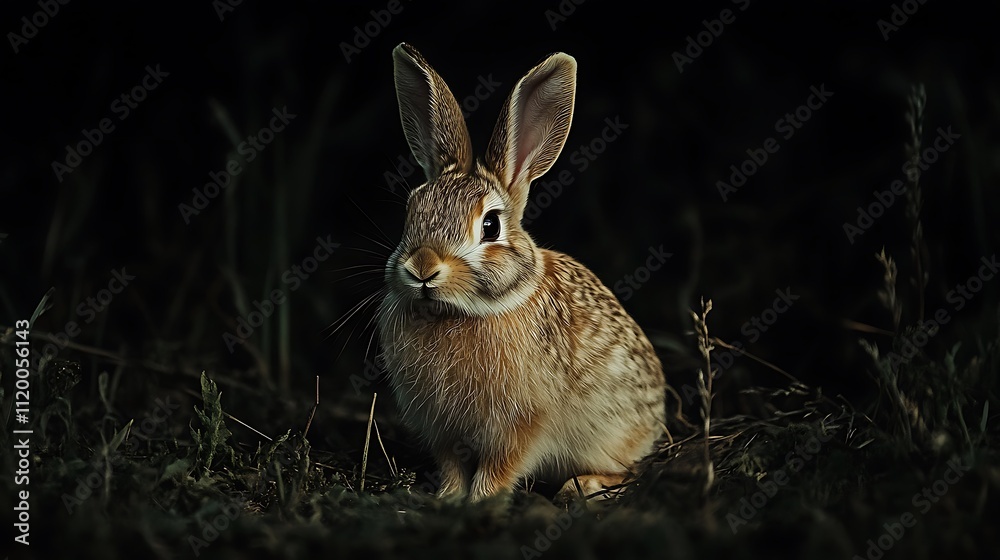 Fototapeta premium A brown rabbit sits in a dark grassy field, its eyes gleaming in the faint light.