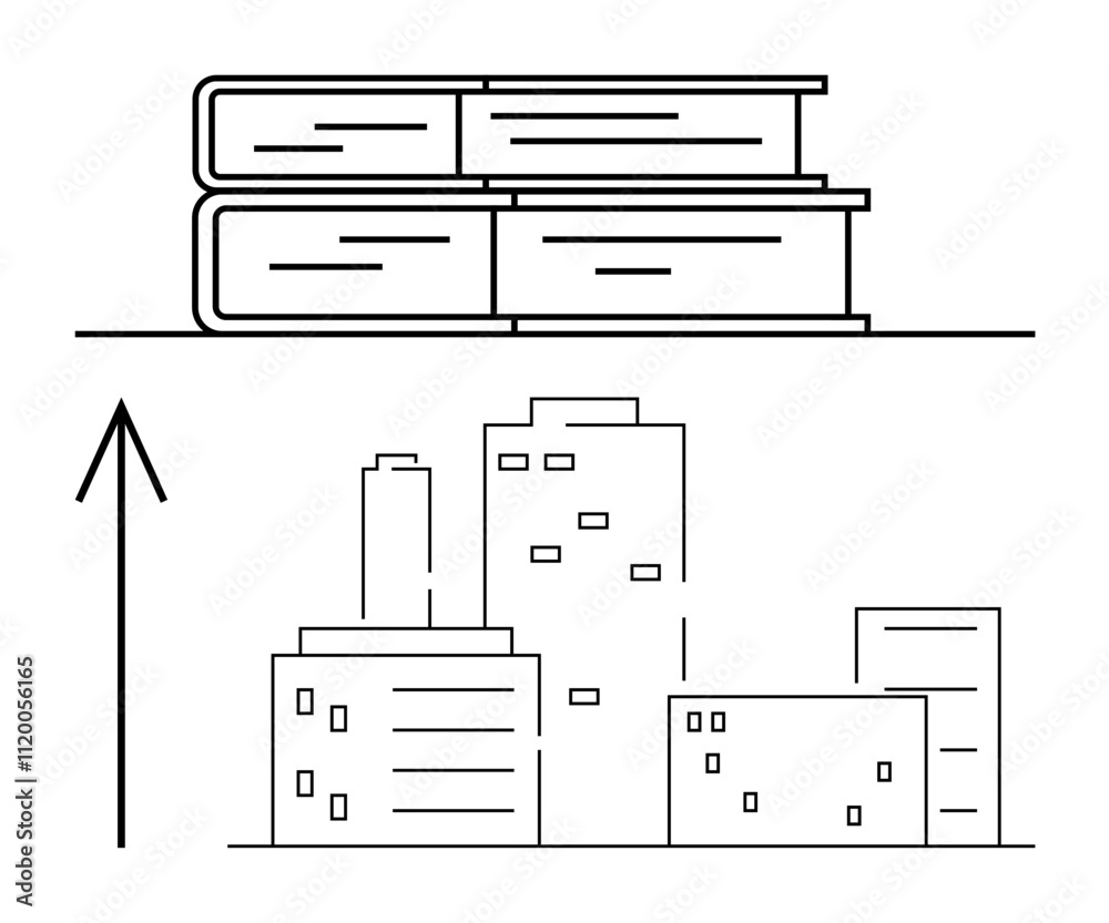 Stacked books above a cityscape with an upward arrow indicating growth and development. Ideal for education, career advancement, urban planning, innovation, learning, knowledge sharing, progress