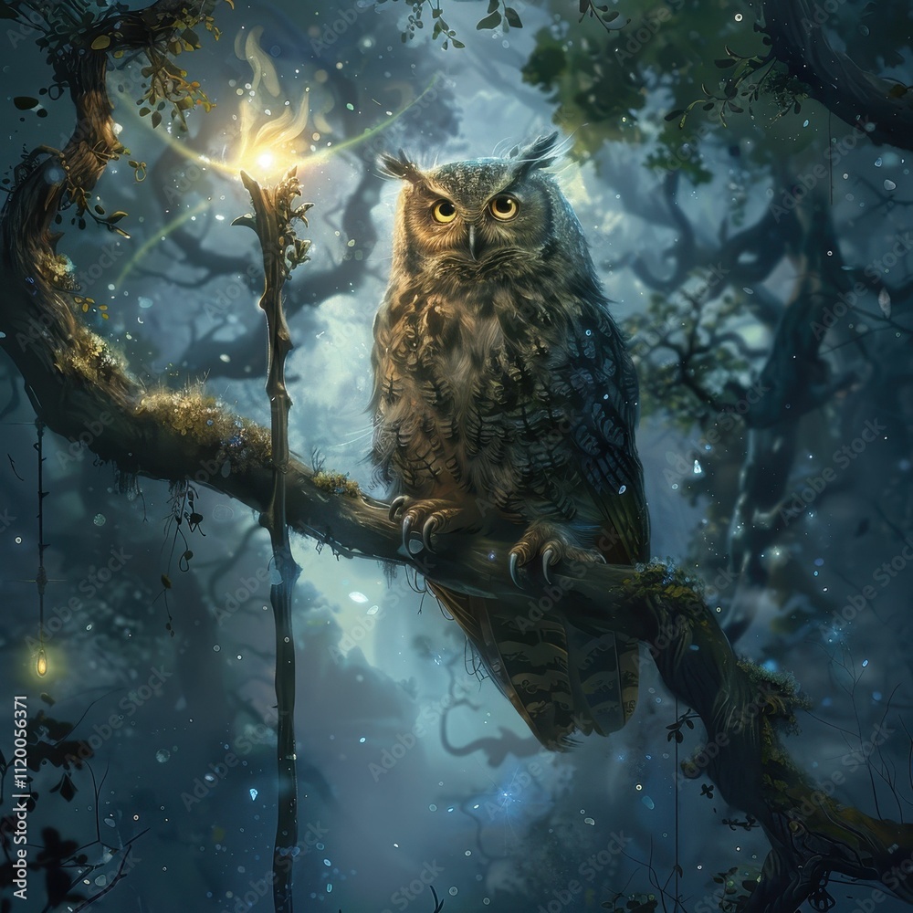 A mystical owl perched on a branch, illuminated by a glowing light in a dark, enchanting forest setting.