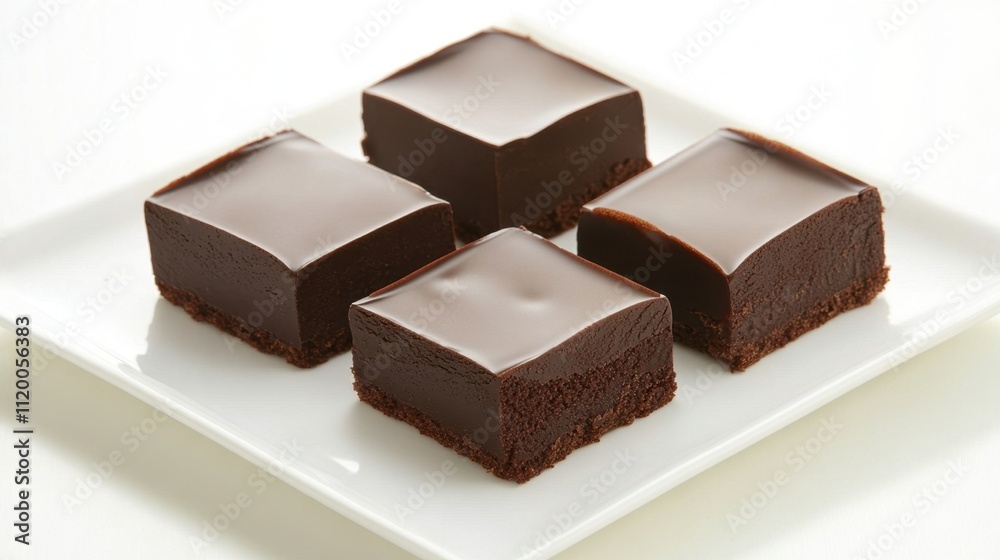Glossy chocolate brownies arranged on a white plate, minimalist setup emphasizing their rich texture and flavor Glossy chocolate brownies arranged on a white plate, minimalist setup emphasizing their rich texture and flavor