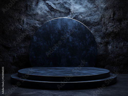  Black podium on dark background for product showcase Electric Cyan Neon cyan dark navy black bright white Pastel