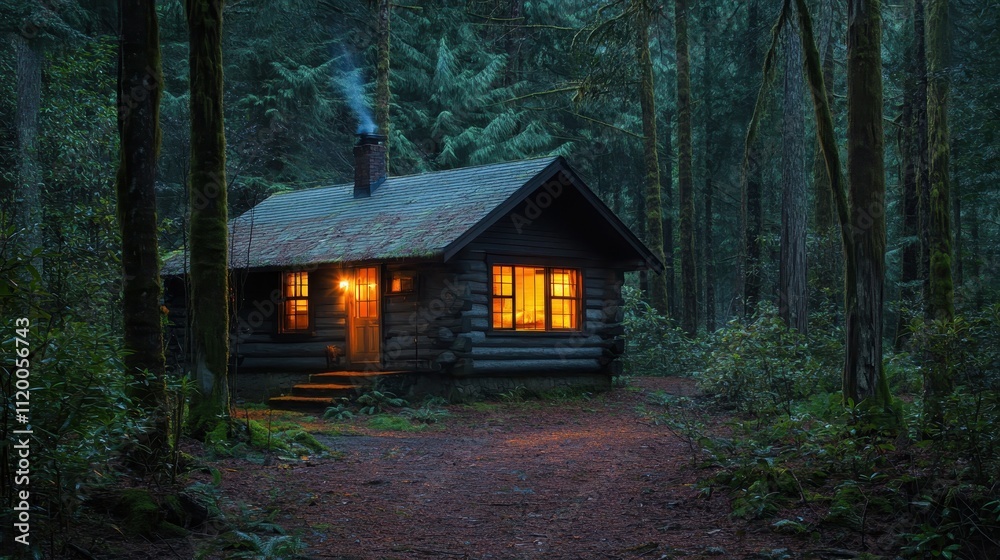 Cozy Forest Cabin with Warm Light at Dusk Cozy Forest Cabin with Warm Light at Dusk