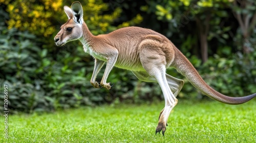 Red kangaroo hopping on green grass.