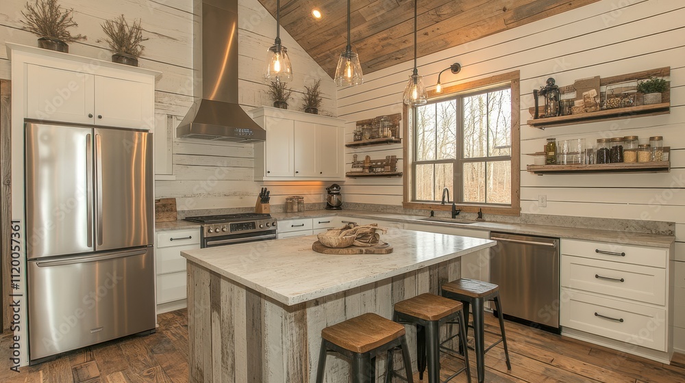 Fototapeta premium Modern Rustic Kitchen Design with Open Concept and Warm Wooden Accents
