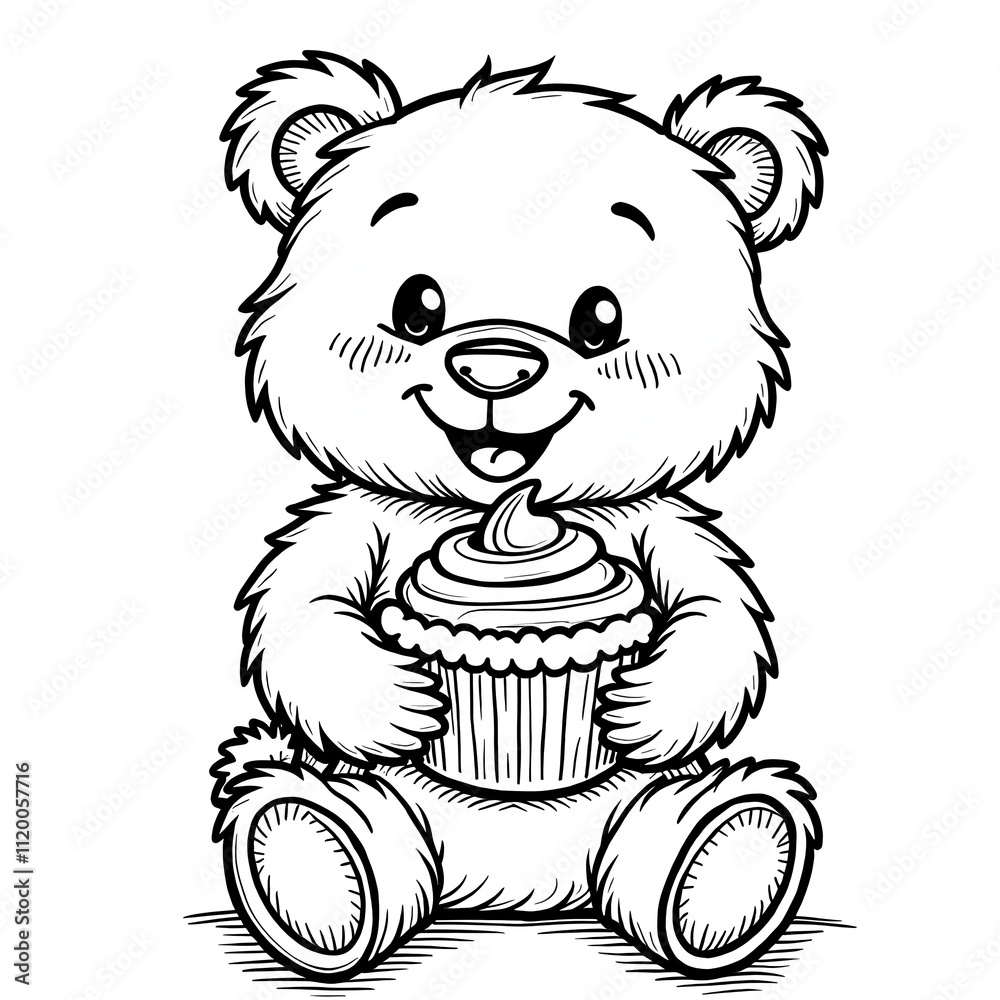 Obraz premium Happy Teddy Bear with Giant Cupcake Treat