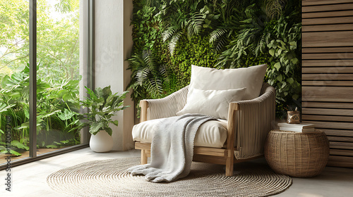  Minimalist interior design with a white armchair and a white blanket on a wooden floor against a white wall background Forest Depths Dark green moss bark brown fern green Woodcut Print