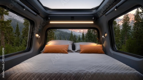 Soft orange pillows rest on a cozy bed inside a cabin. Through large windows, a misty forest creates a serene atmosphere on a quiet morning.
