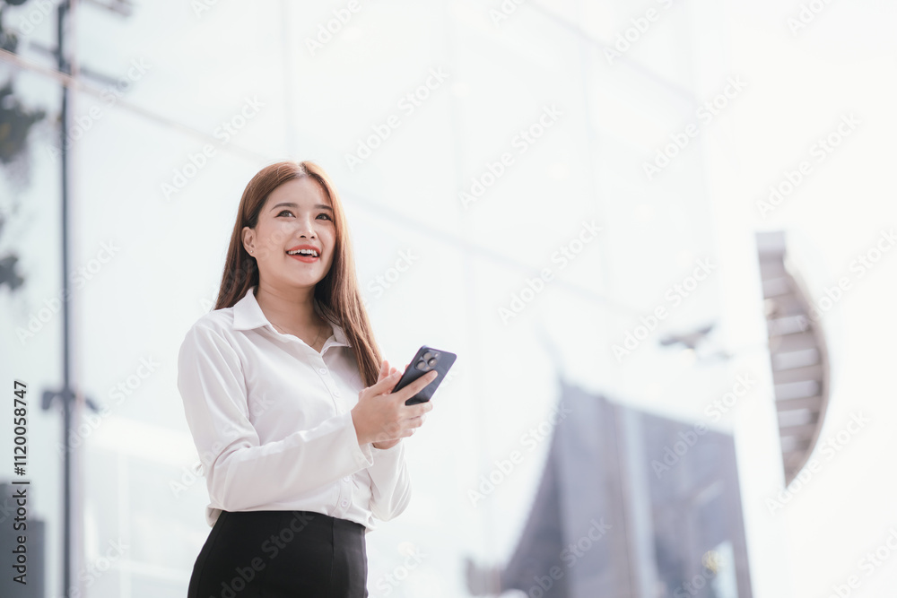 Confident Asian businesswoman stands on a city street, leveraging technology and communication to achieve her passions in finance, investing and entrepreneurship. Confident Asian businesswoman stands on a city street, leveraging technology and communication to achieve her passions in finance, investing and entrepreneurship.