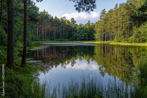 Fireworks Reflecting on a Peaceful Forest Lake, Isolated on White Background photo