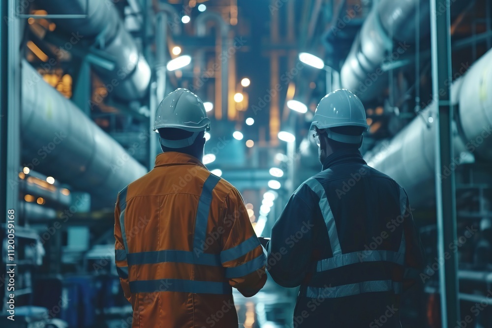 Engineers discuss pipeline construction in manufacturing factory. Engineers discuss pipeline construction in manufacturing factory.