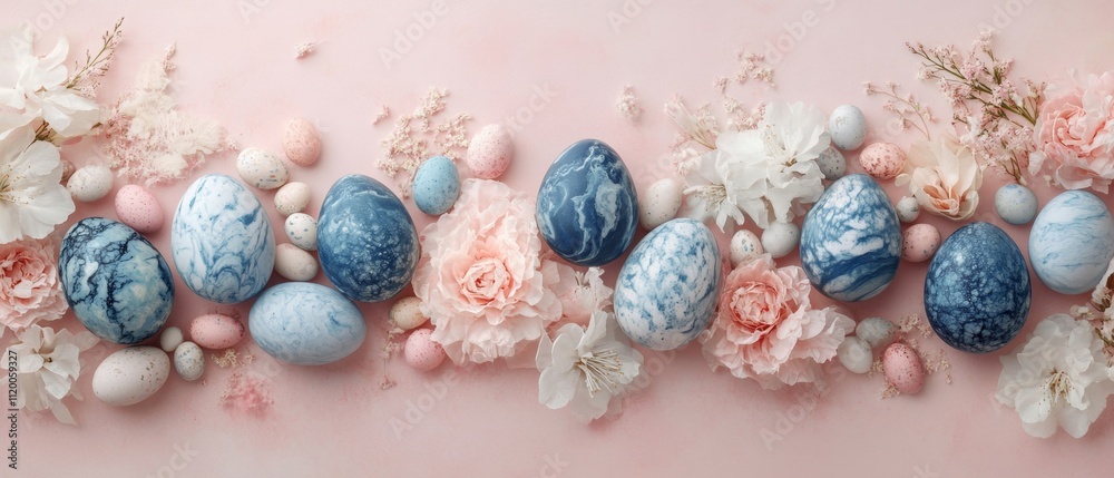 Stylish easter eggs and spring flowers border on pink paper flat lay, space for text. Modern natural dyed blue and marble easter eggs, with copy space