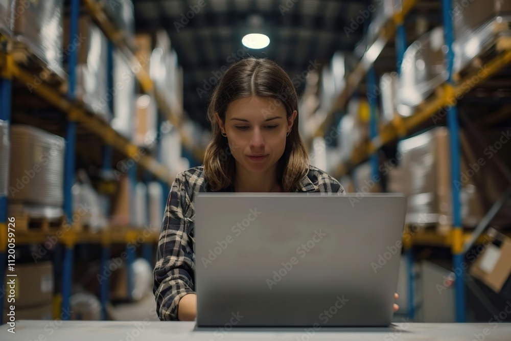 Woman using laptop at warehouse Woman using laptop at warehouse