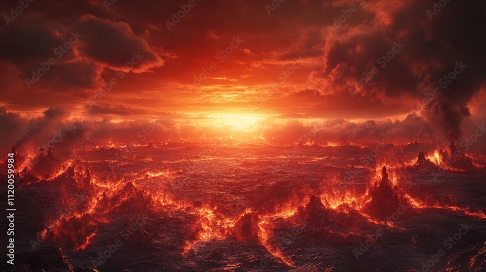 A fiery sunset over a tumultuous ocean, with glowing lava and dark clouds creating a dramatic, apocalyptic atmosphere. A fiery sunset over a tumultuous ocean, with glowing lava and dark clouds creating a dramatic, apocalyptic atmosphere.