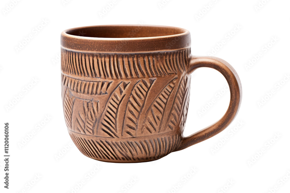 A rustic, hand-painted coffee cup made of clay, displaying intricate patterns and earthy tones. The cup is set against a plain white backdrop A rustic, hand-painted coffee cup made of clay, displaying intricate patterns and earthy tones. The cup is set against a plain white backdrop